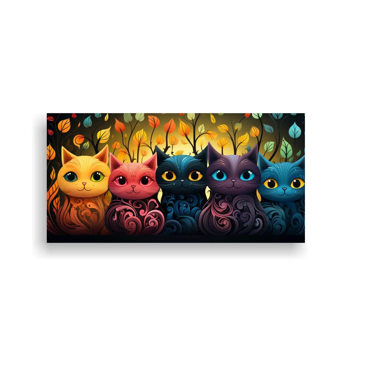 Cuadro cinco gatos de colores con pelaje en espiral