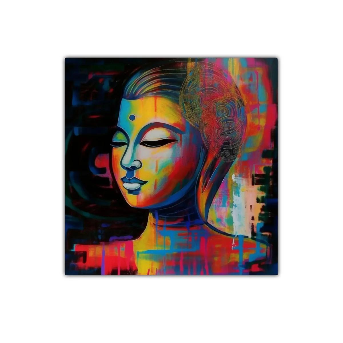 Cuadro colorido de rostro sereno con motivos abstractos — imagen principal