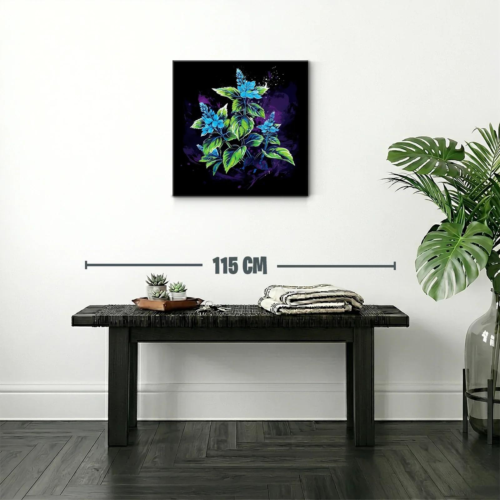 Cuadro con flores azules y hojas verdes sobre fondo oscuro — miniatura 2