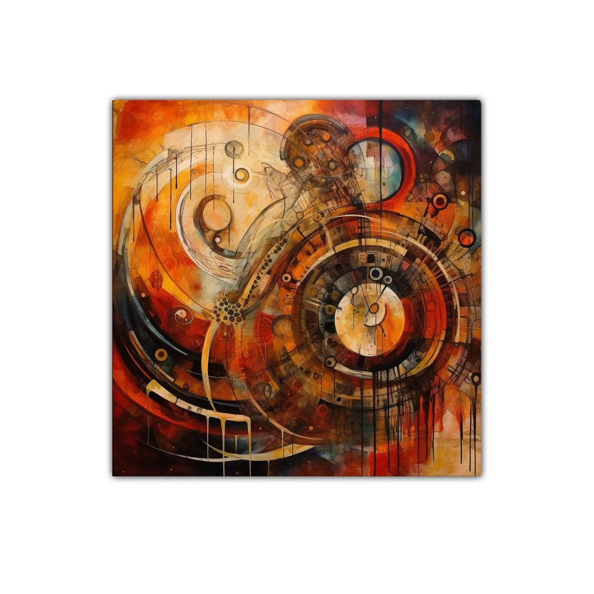 Cuadro abstracto con formas circulares y tonos cálidos intensos
