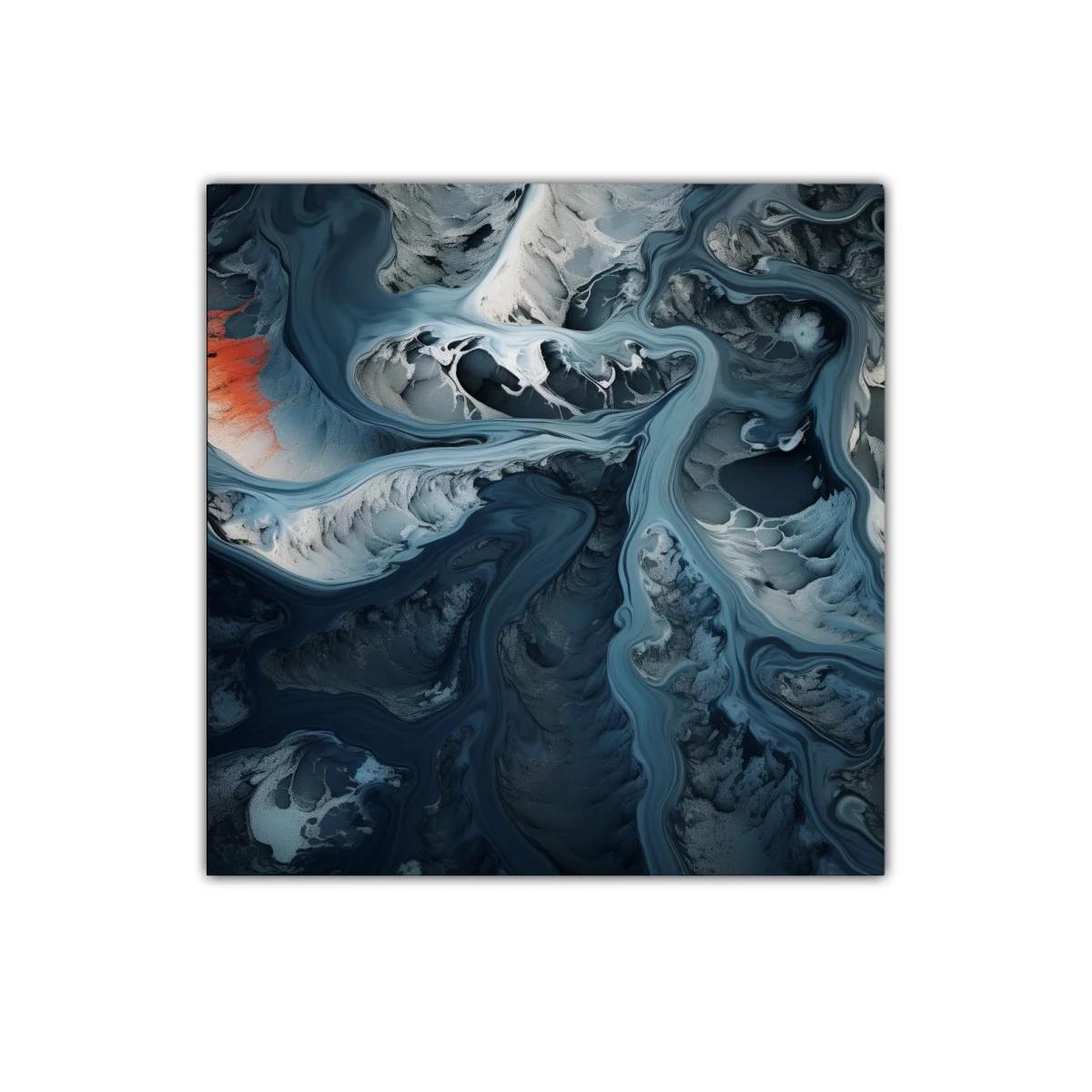 Composición abstracta en tonos azules y grises con acento rojo