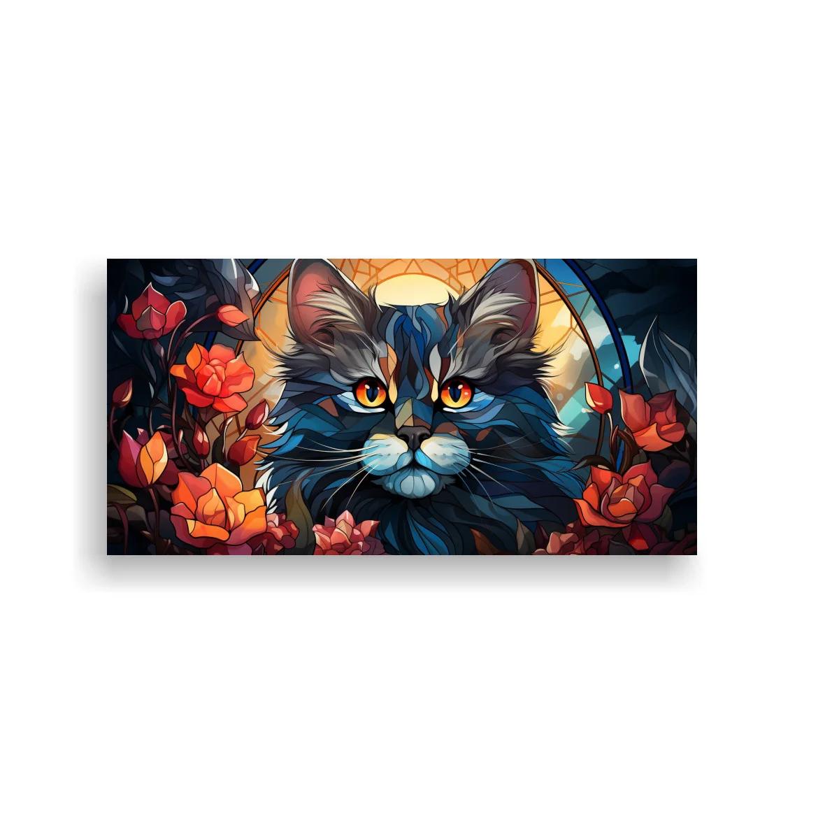 Cuadro gato de pelo largo con halo luminoso y flores