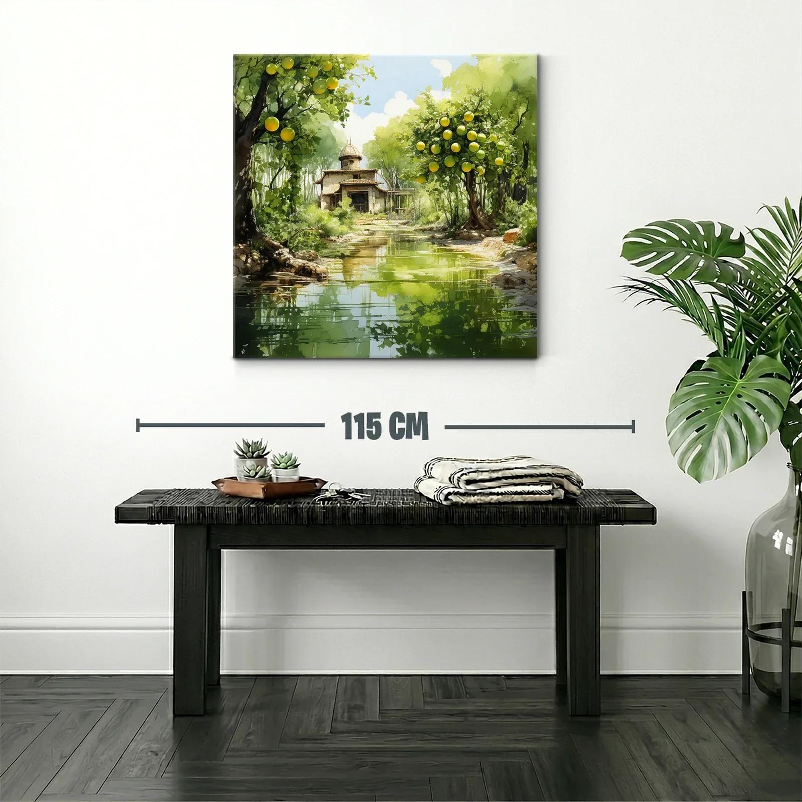 Paisaje sereno con casa y árboles frutales junto al río — miniatura 2