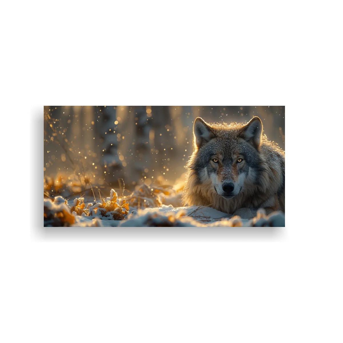 Cuadro lobo gris con ojos ámbar y fondo invernal desenfocado — imagen principal