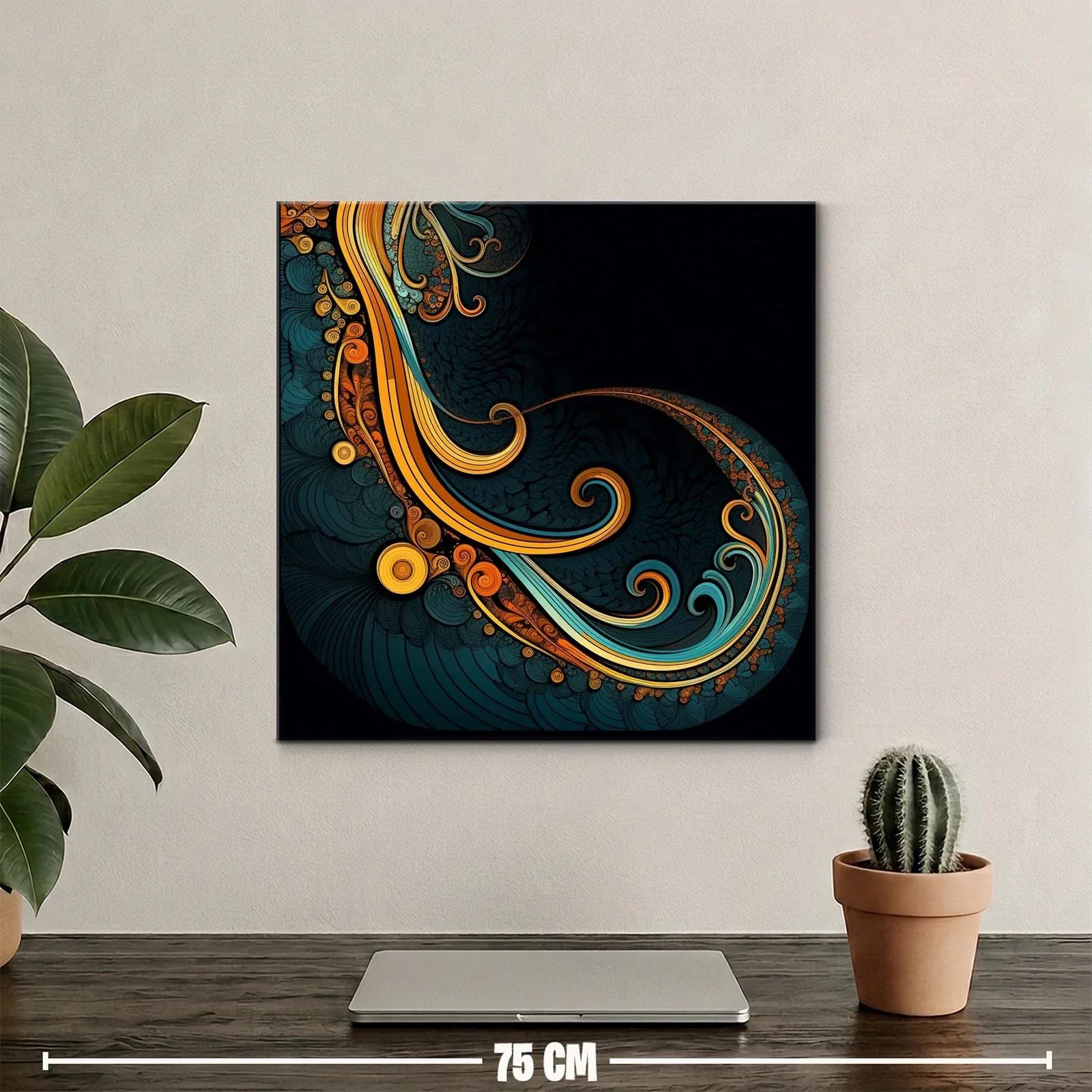 Cuadro abstracto con formas onduladas en tonos cálidos y azulados — miniatura 2