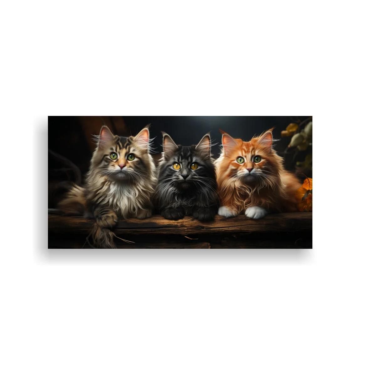 Cuadro tres gatos de pelo largo con patas delanteras apoyadas