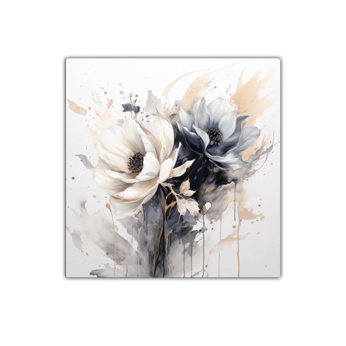 Cuadro floral contemporáneo con tonos neutros y dorados