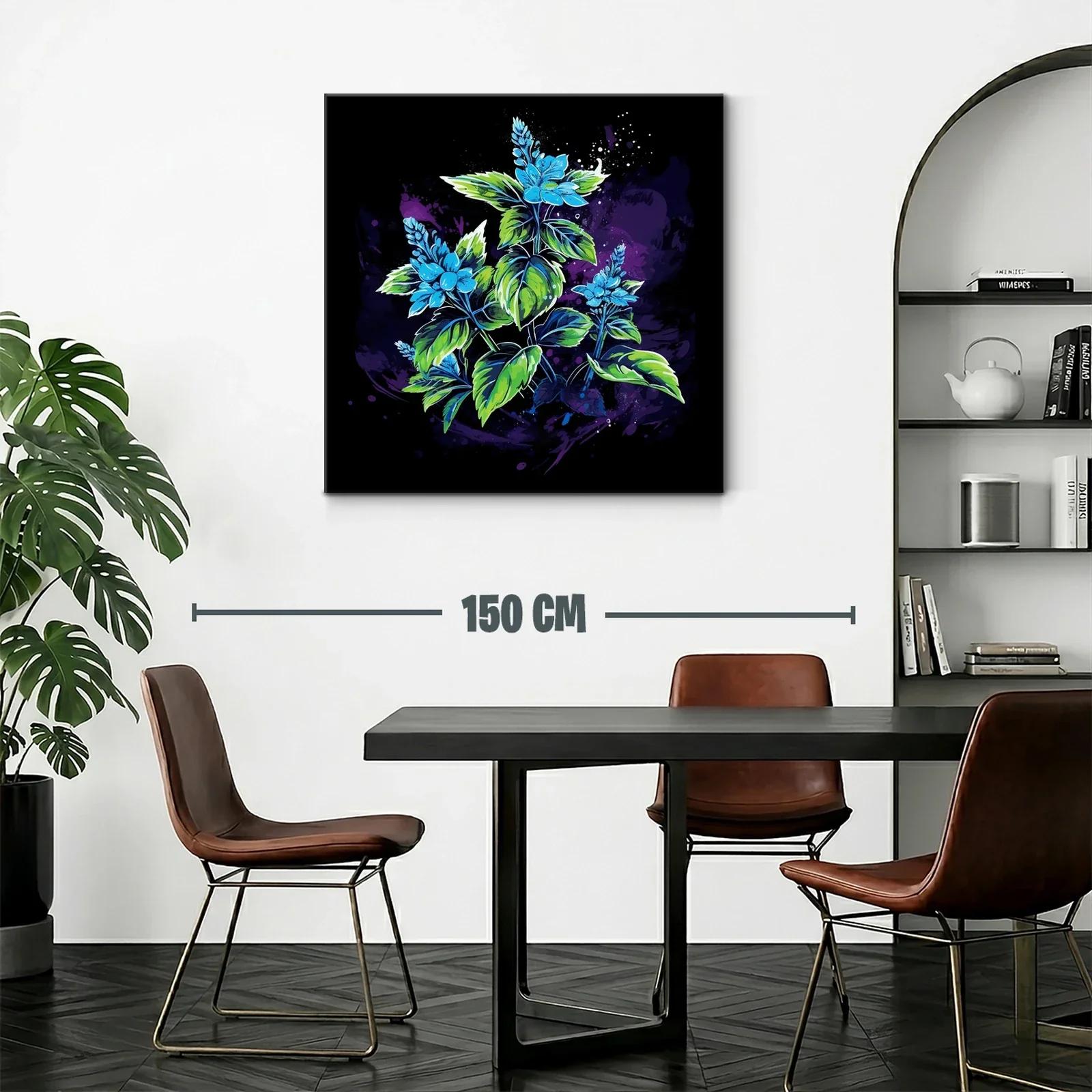 Cuadro con flores azules y hojas verdes sobre fondo oscuro — miniatura 2
