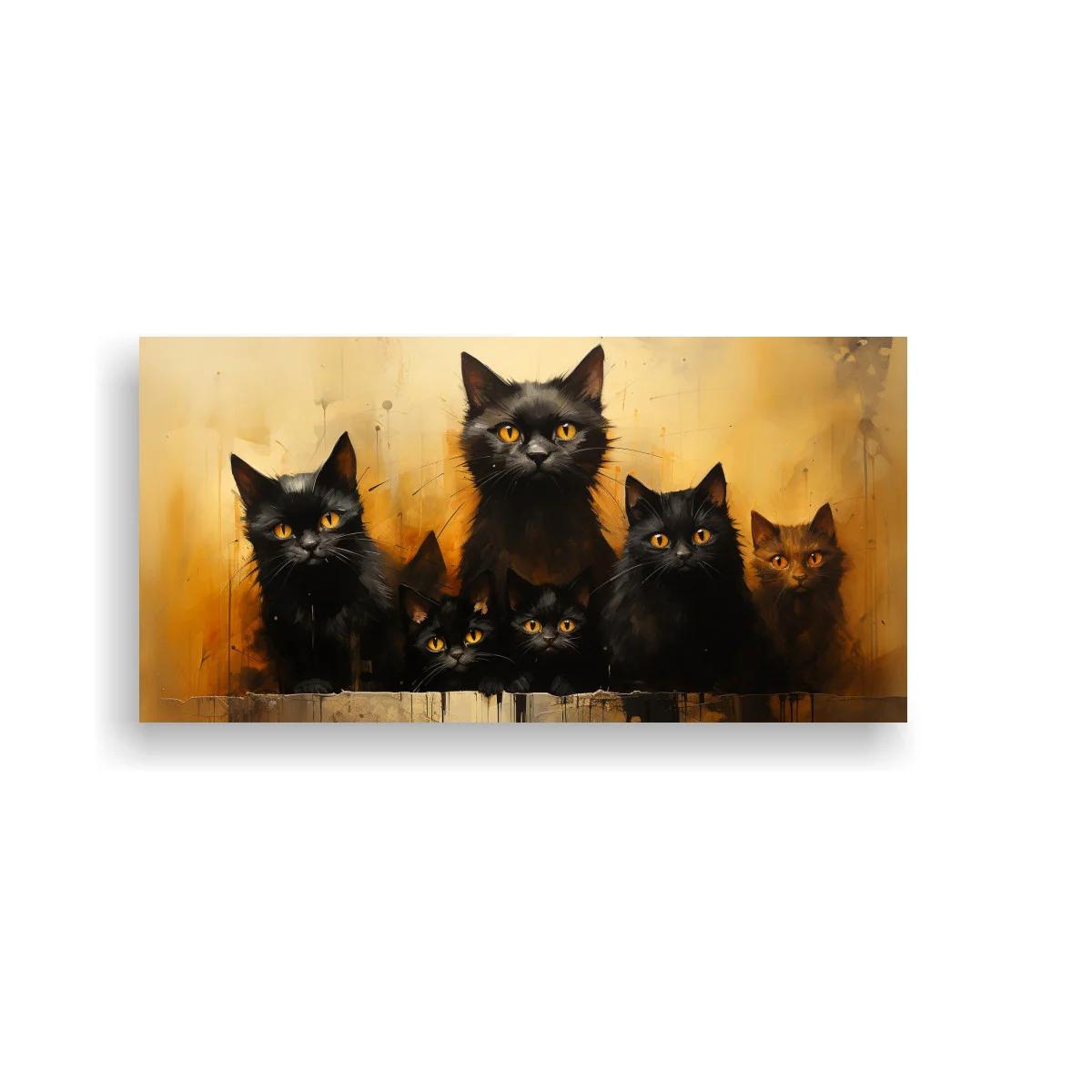 Cuadro grupo de gatos negros con ojos amarillos y gato marrón oscuro