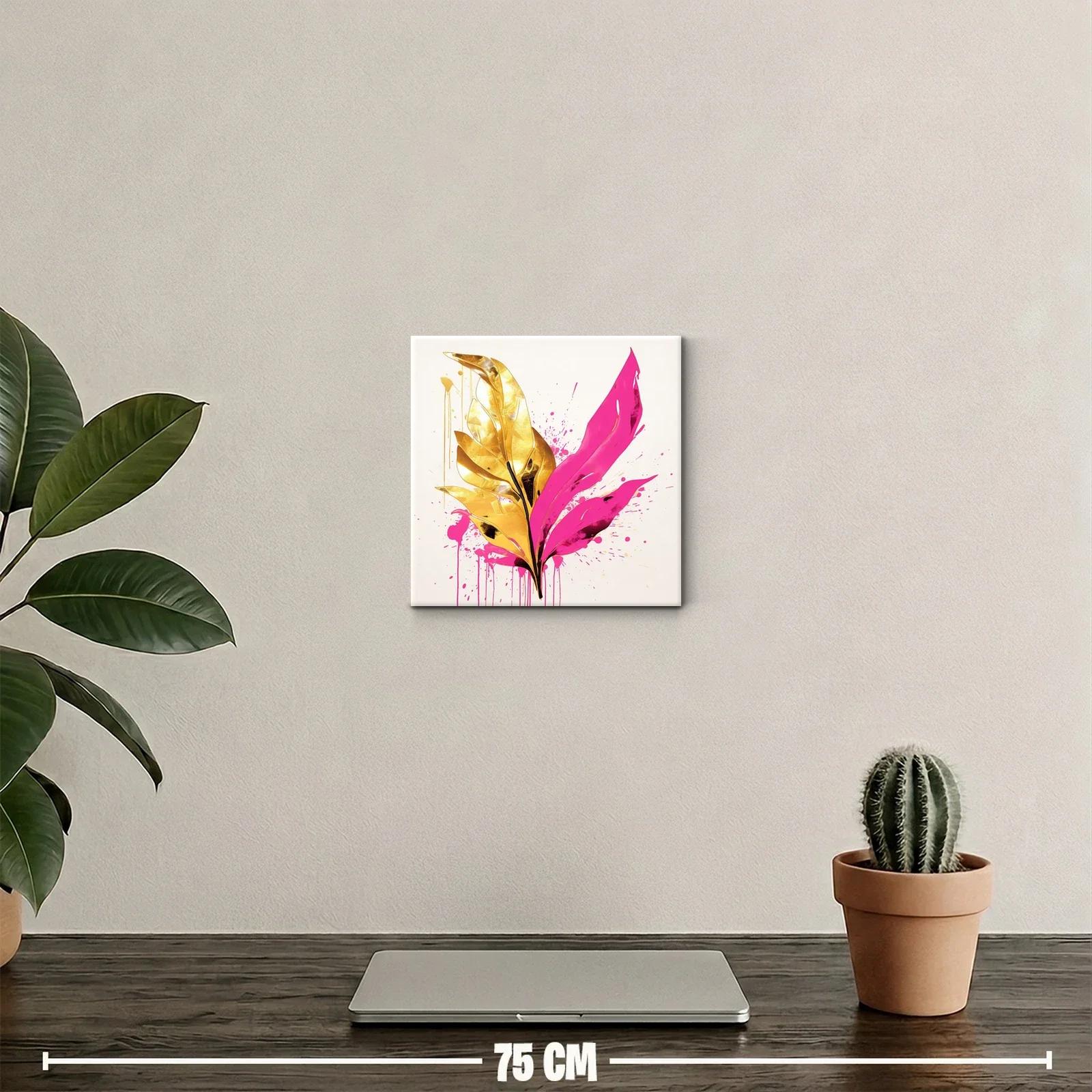 Cuadro con hojas doradas y rosas vibrantes para decorar — miniatura 2