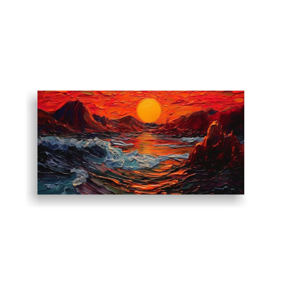 Cuadro atardecer sobre el mar con oleaje y rocas oscuras