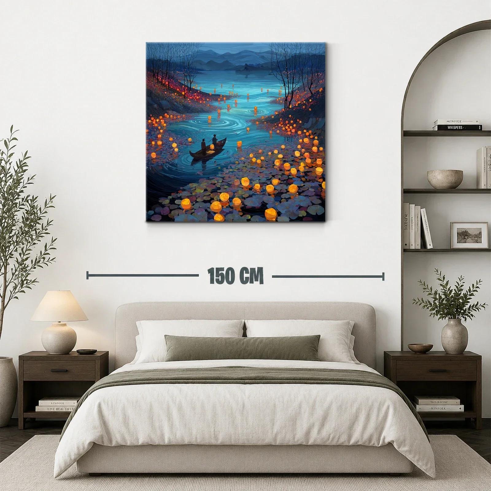 Río iluminado con faroles flotantes al atardecer — miniatura 3