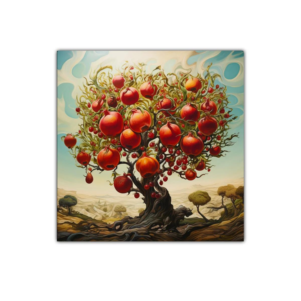 Árbol de granadas con paisaje surrealista y tonos cálidos — imagen principal