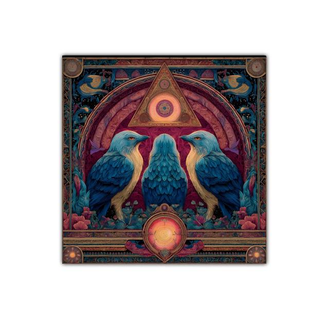 Cuadro decorativo con tres aves azules y símbolos místicos