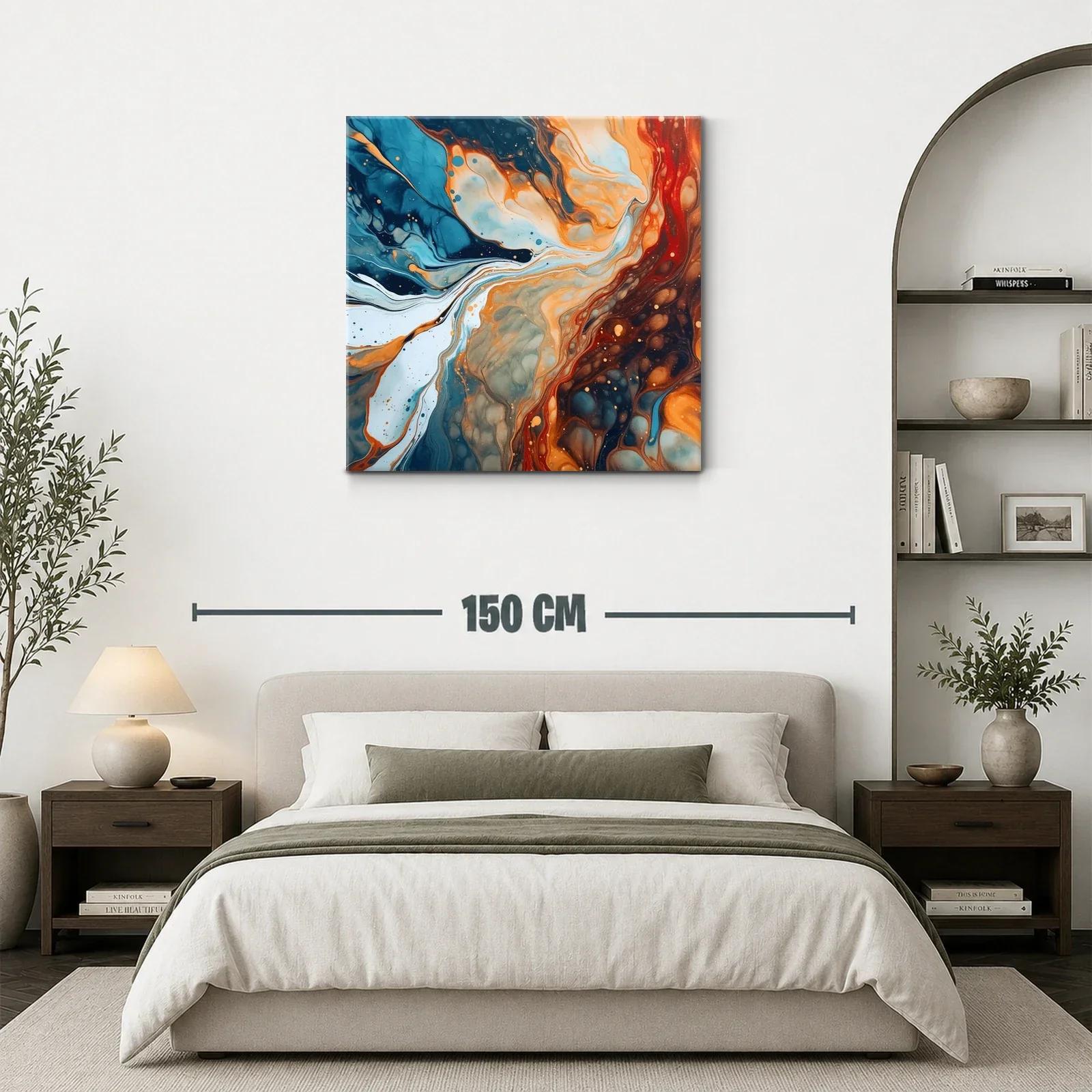 Cuadro abstracto de flujos en tonos azul y naranja intenso — miniatura 3