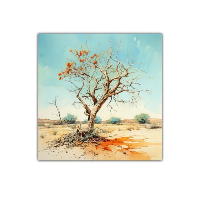 Árbol Seco con Flores Naranjas en Paisaje Árido