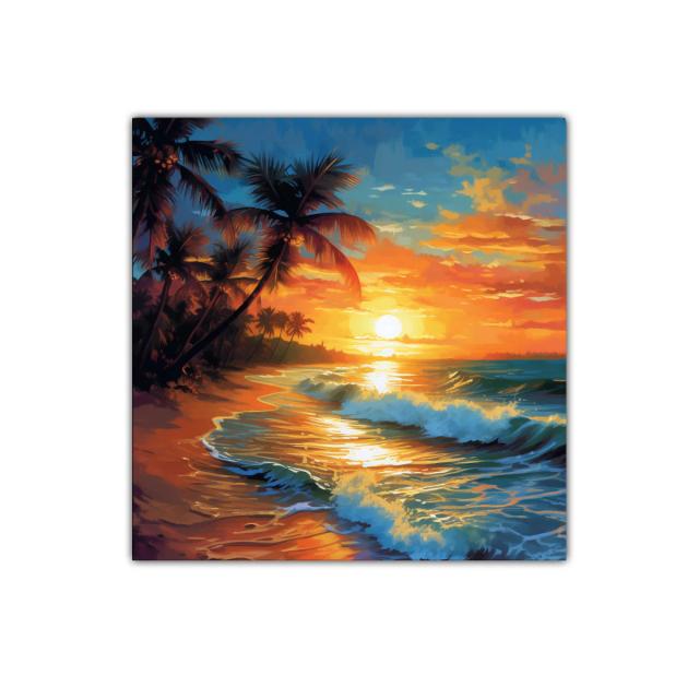 Atardecer tropical con palmeras y olas en la playa