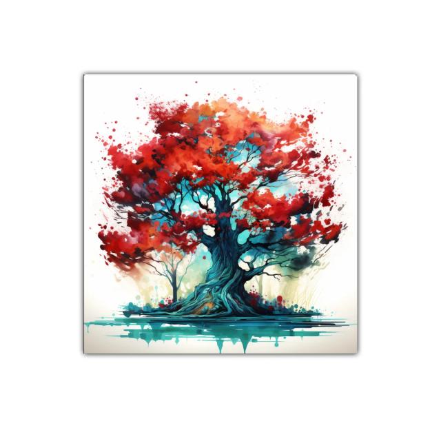 Impactante cuadro árbol con hojas rojas y tonos vibrantes