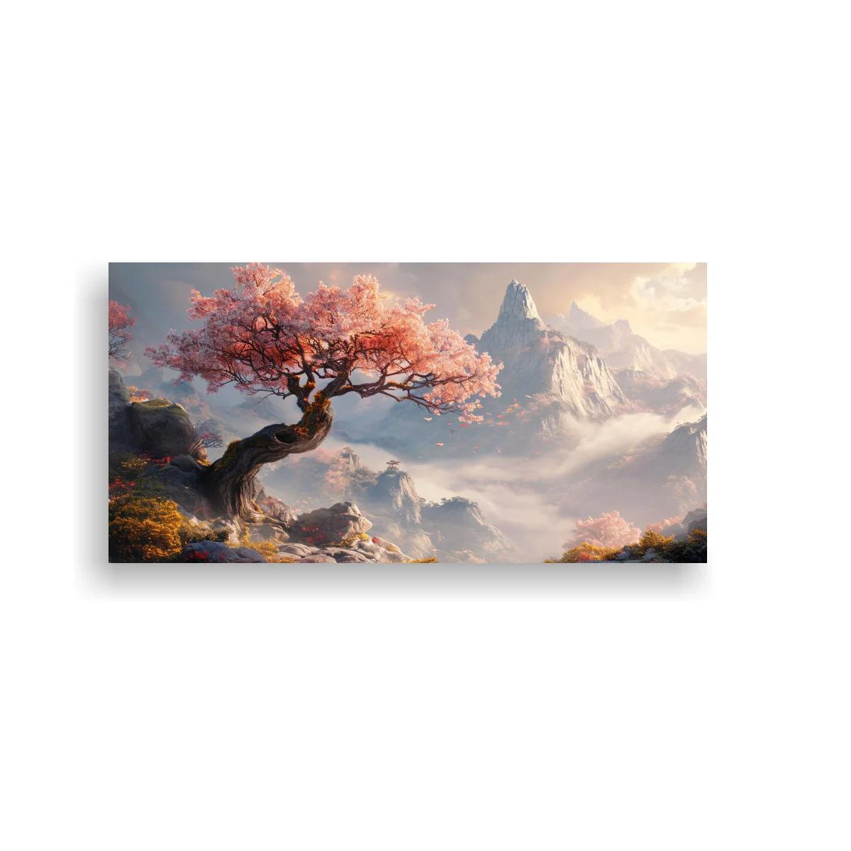 Cuadro árbol de flor rosa con tronco curvo