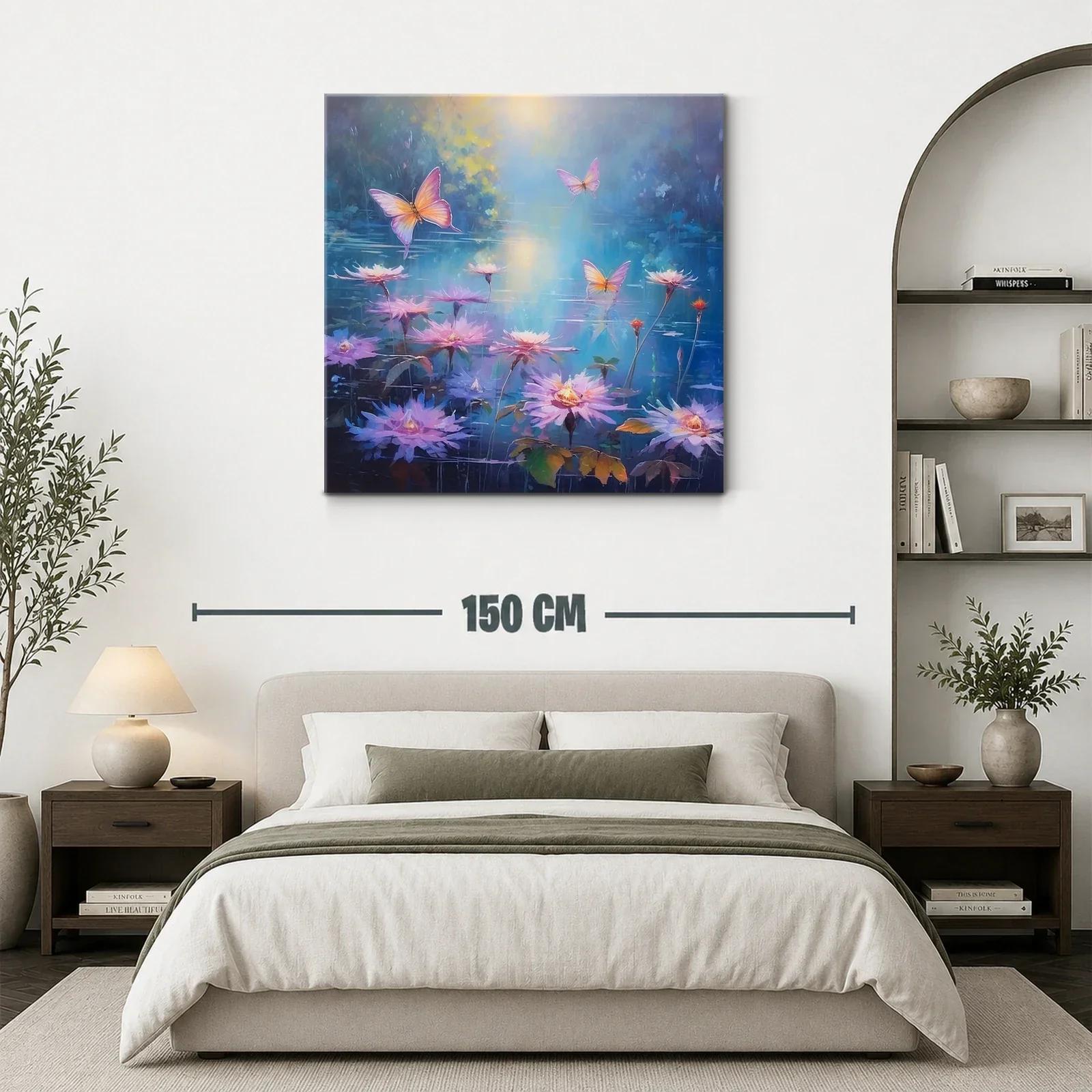 Cuadro con mariposas rosas sobre flores en calma acuática — miniatura 3