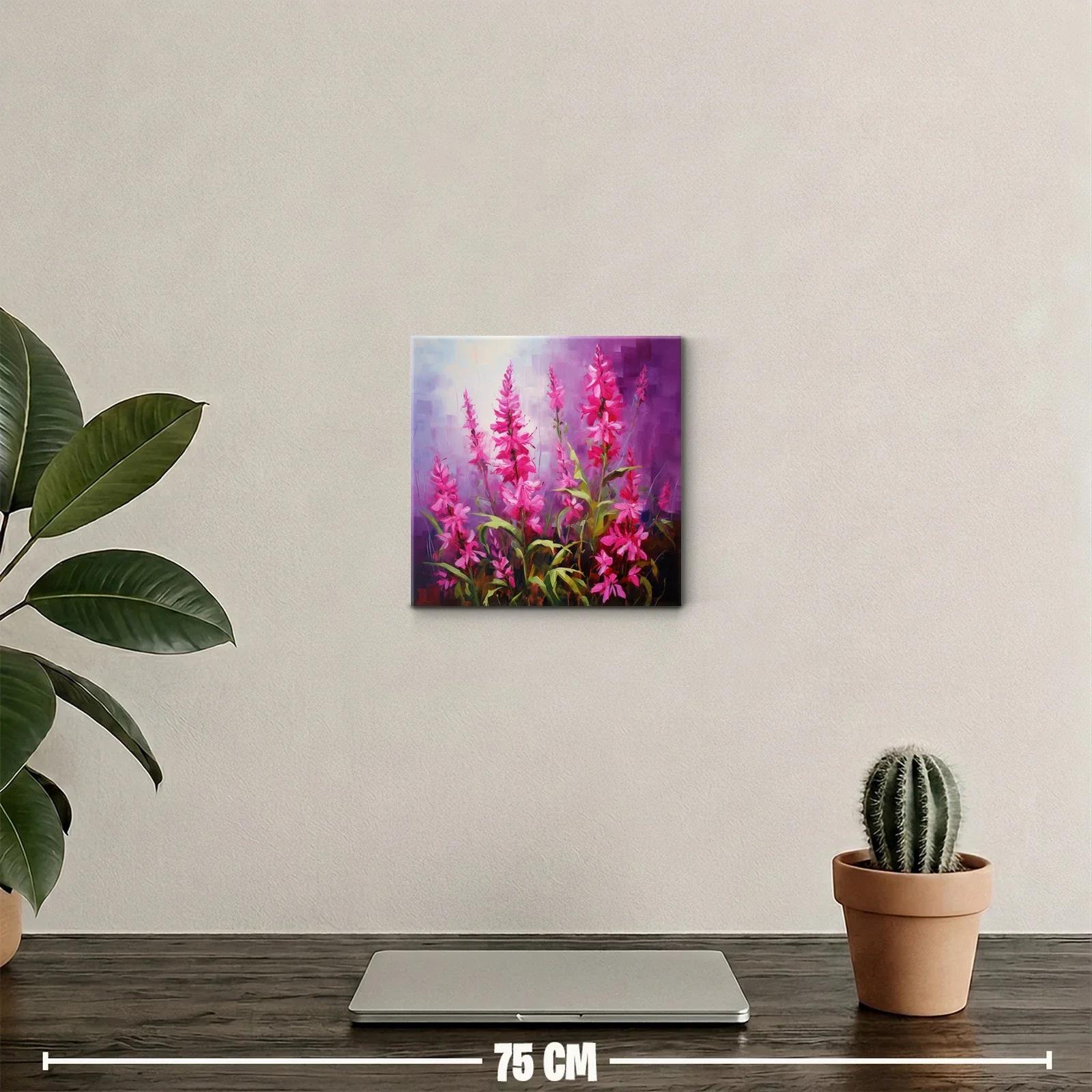 Cuadro decorativo con vibrantes flores rosas y fondo violeta — miniatura 2