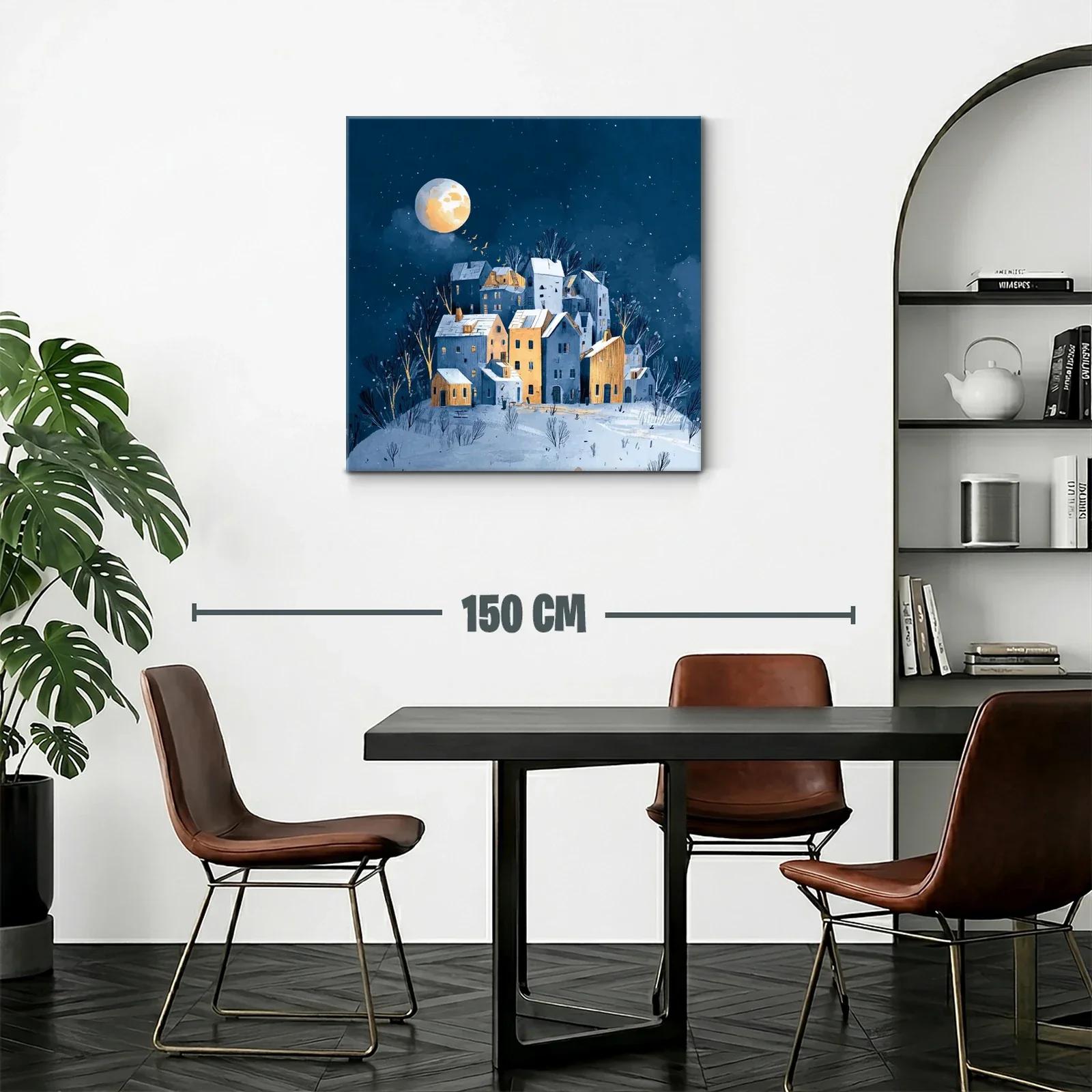 Paisaje nocturno con casas iluminadas y luna llena — miniatura 2