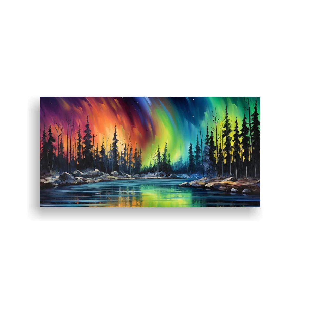 Cuadro aurora boreal con lago y bosque de pinos