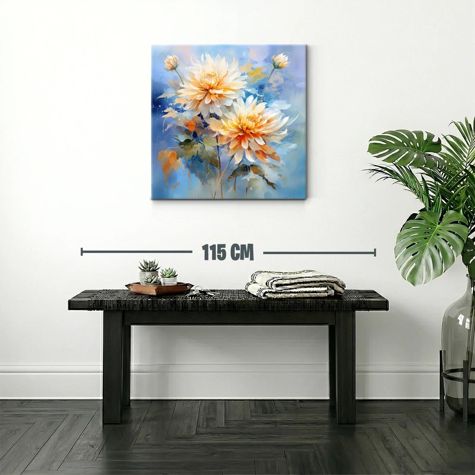 Cuadro floral con dalias en tonos cálidos y fondo azul — miniatura 2
