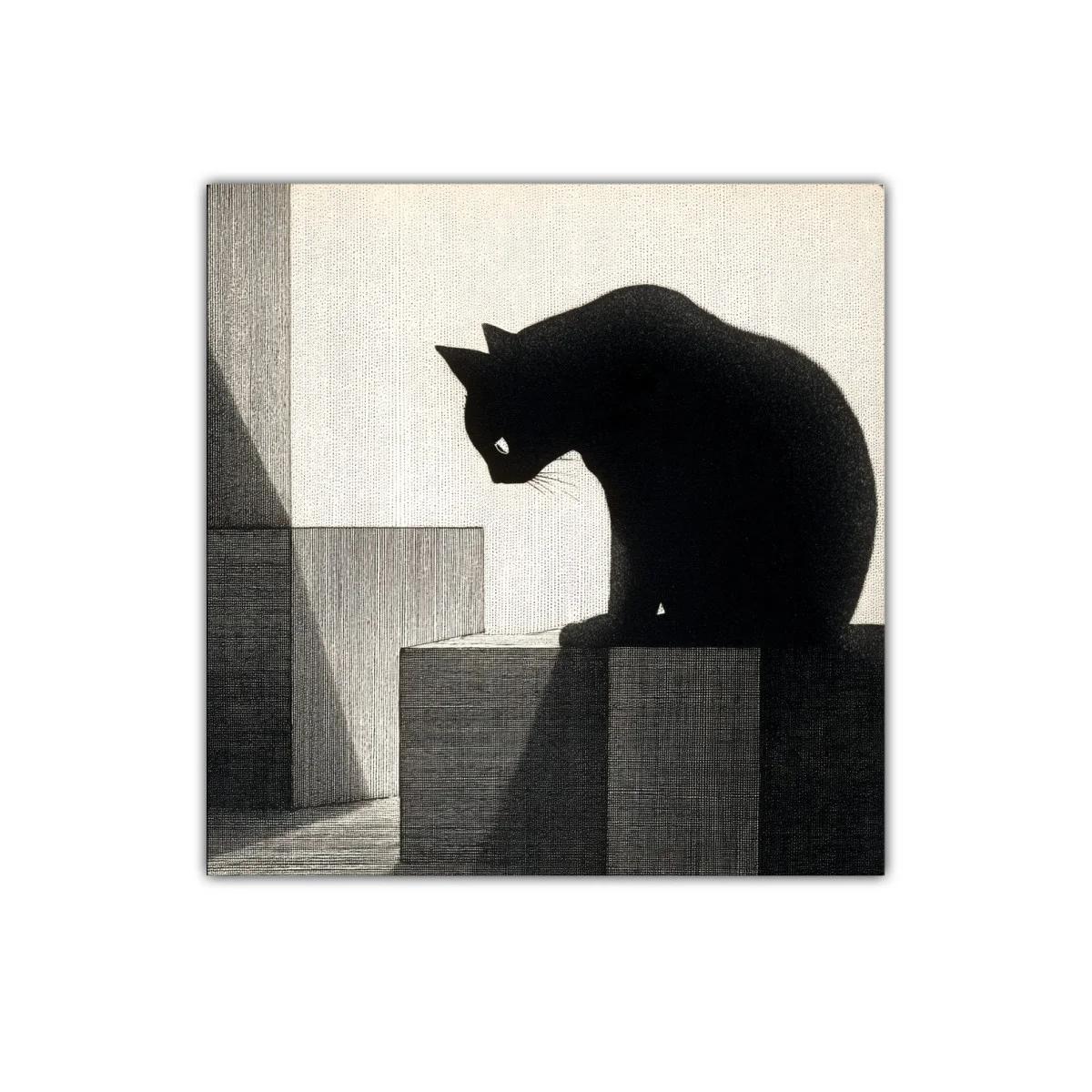 Silueta de gato oscuro sobre cubos geométricos — imagen principal