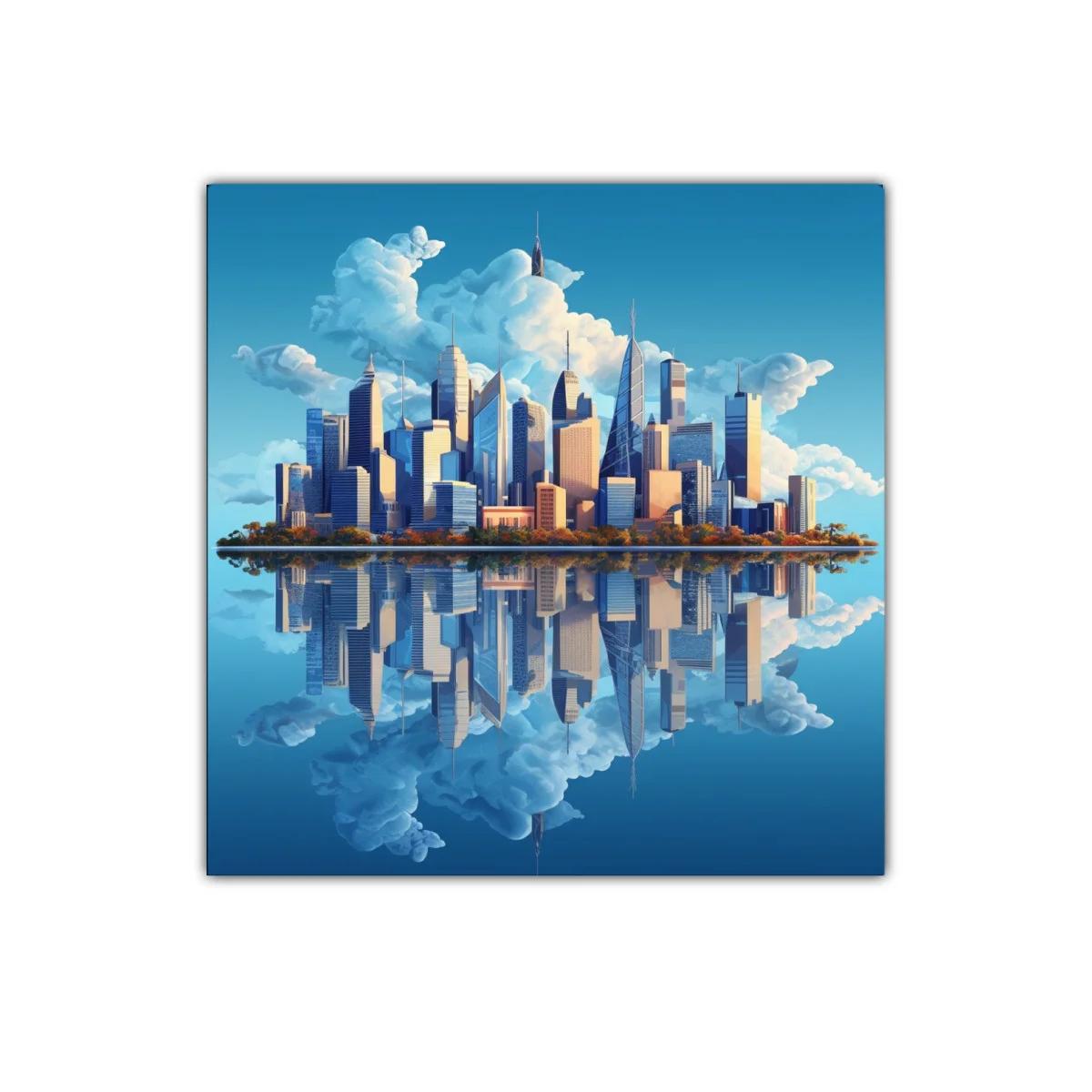 Horizonte urbano con reflejo sereno y cielo despejado — imagen principal