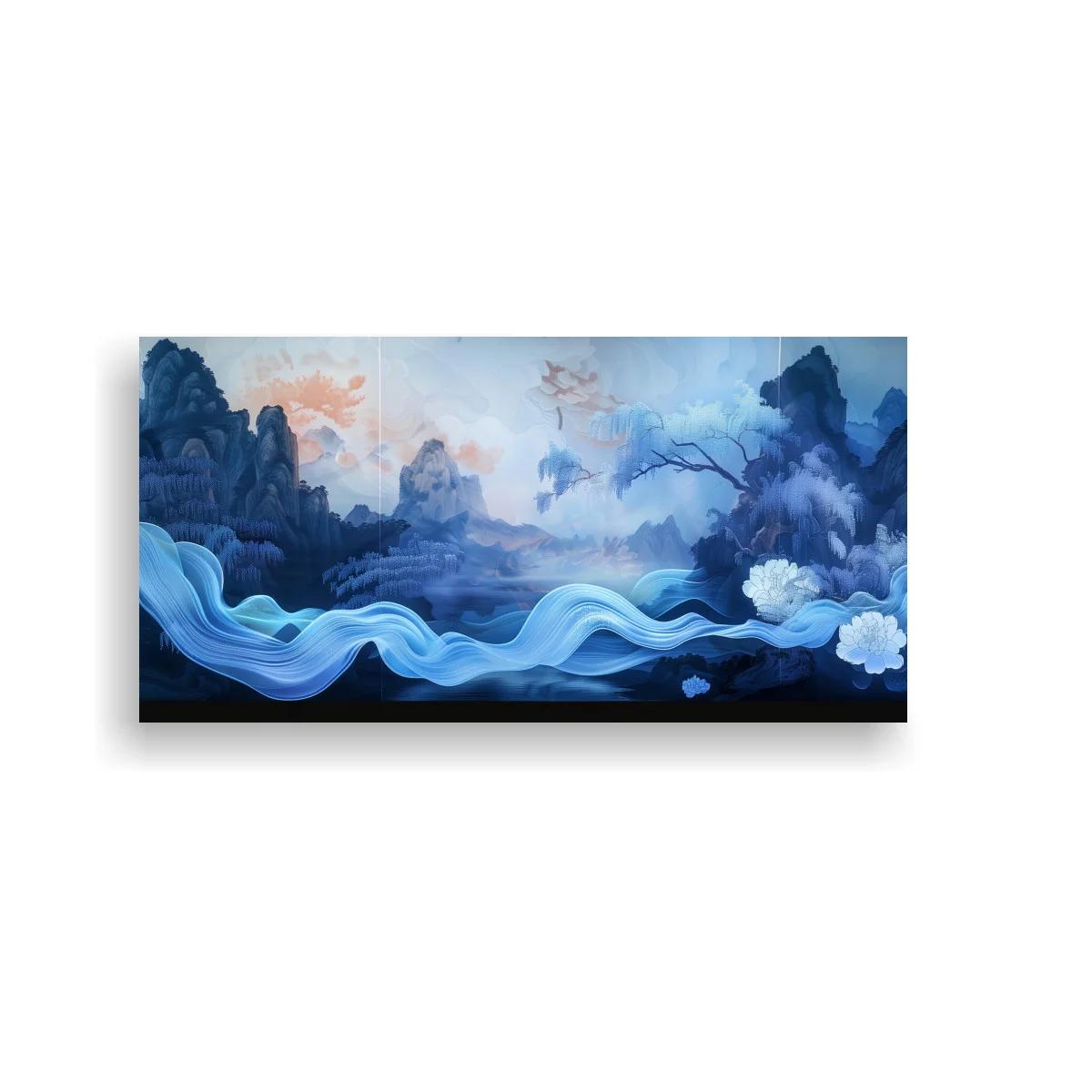 Cuadro paisaje de montañas con olas azules y flores blancas — imagen principal