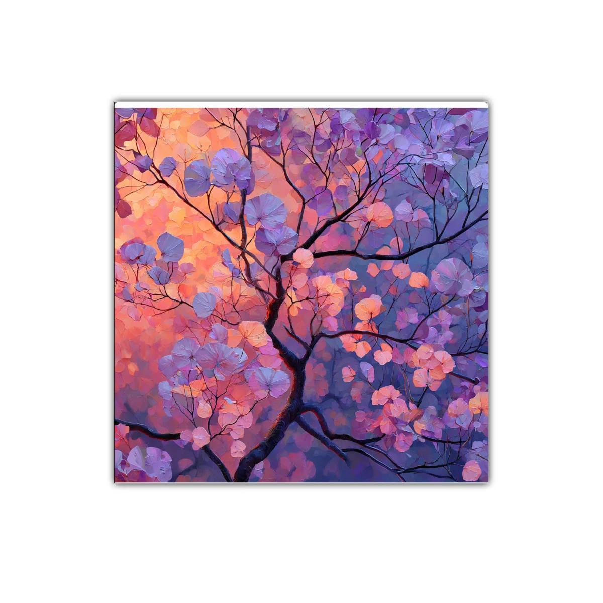Cuadro decorativo con ramas y hojas en tonos púrpuras y naranjas — imagen principal