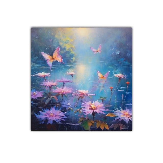 Cuadro con mariposas rosas sobre flores en calma acuática