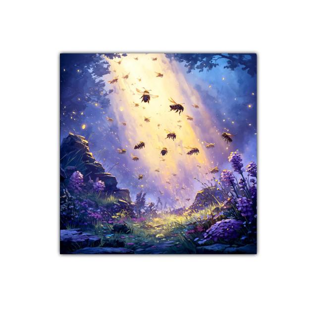 Colmena iluminada en un paisaje mágico al atardecer