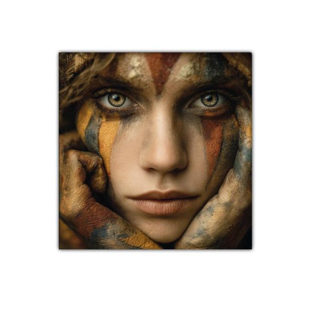 Retrato expresivo con rostro pintado en tonos cálidos