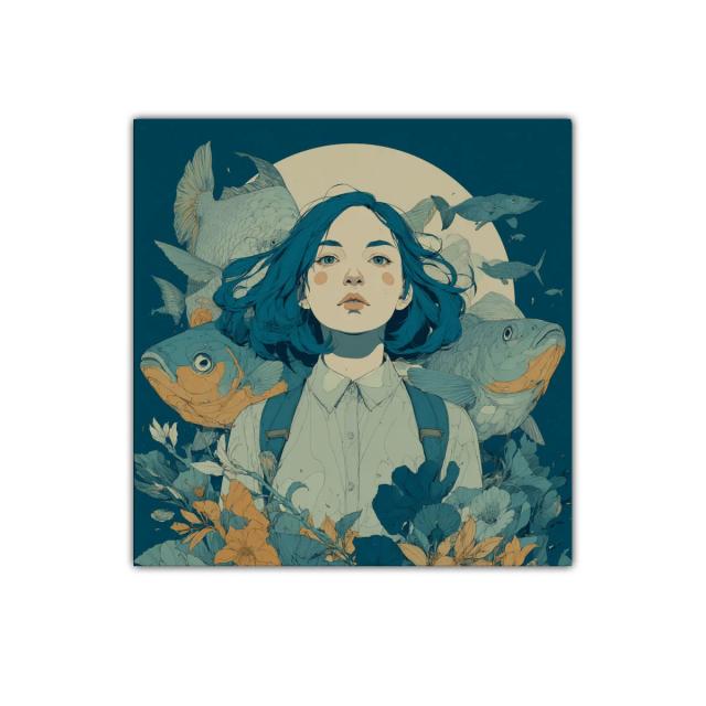 Retrato femenino con peces y flores en tonos azulados