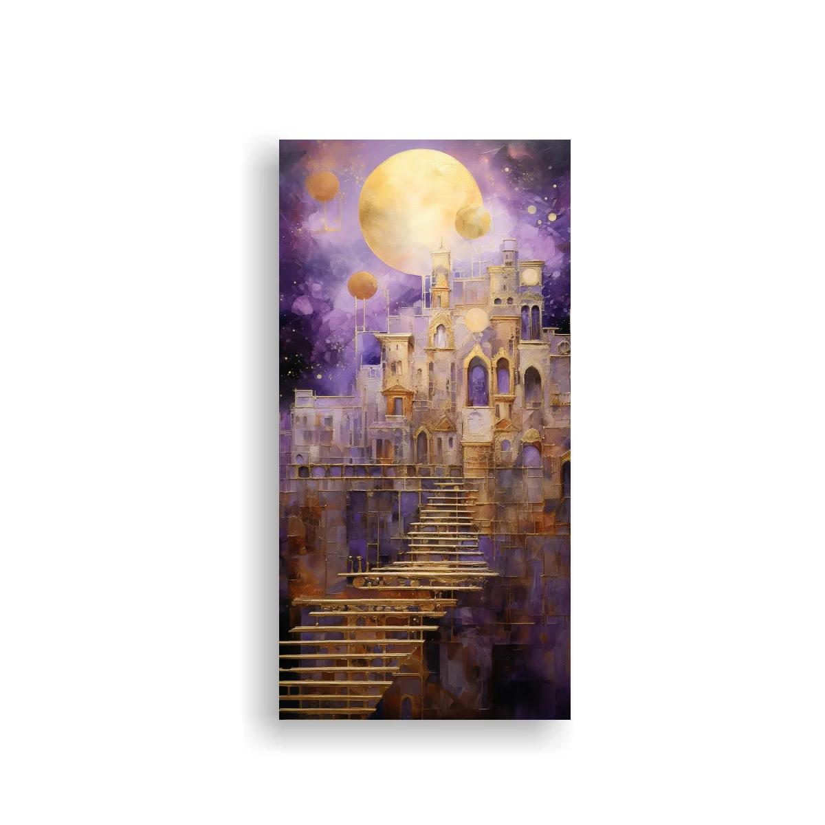 Cuadro castillo fantástico bajo luna llena y neblina violeta