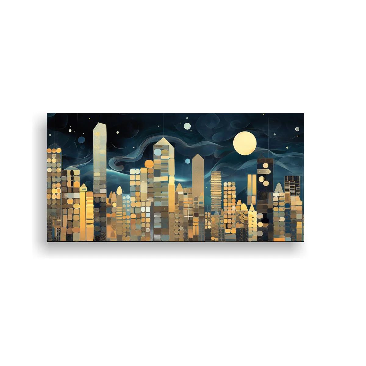Cuadro skyline urbano nocturno con luna llena