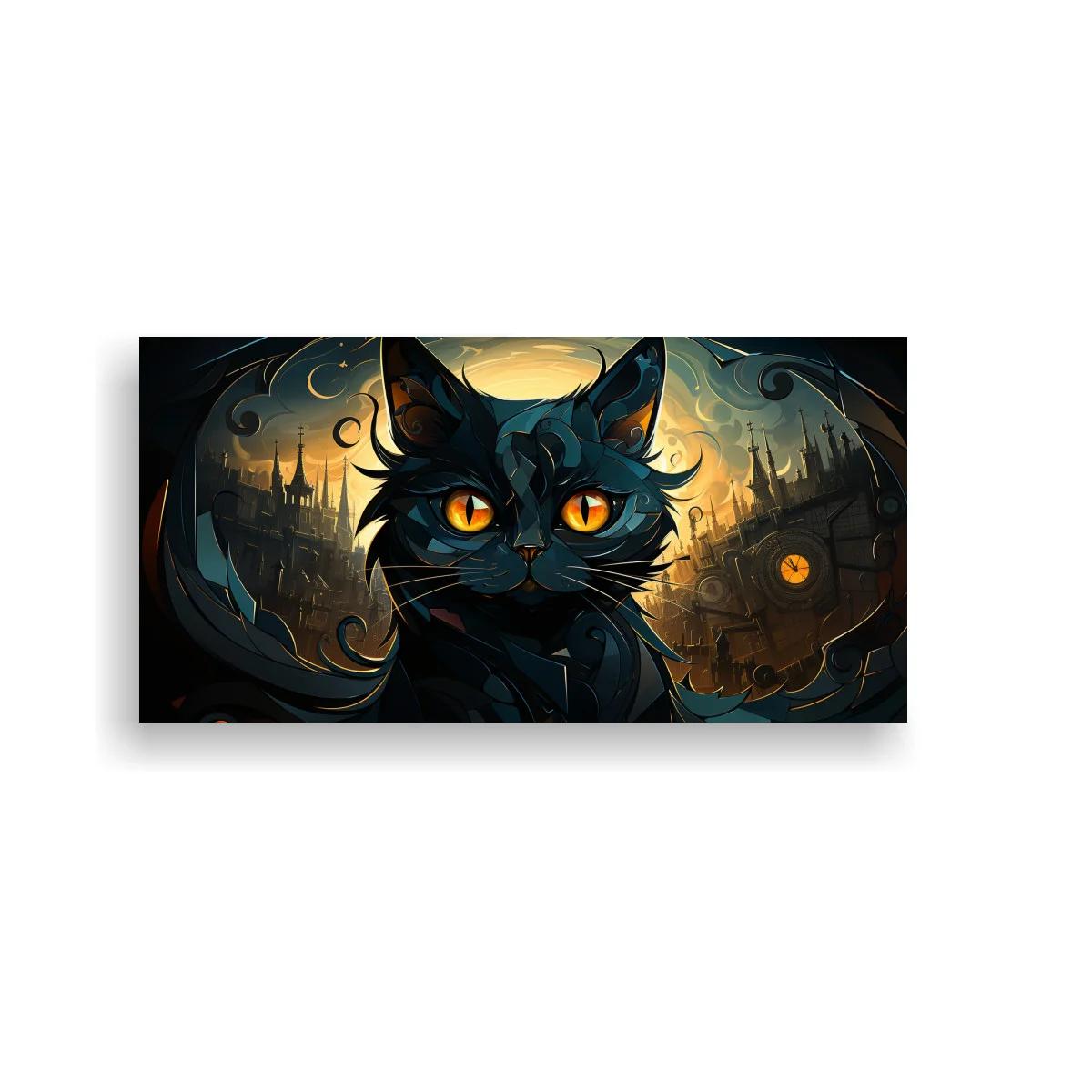Cuadro gato negro de ojos naranjas con luna y luces nocturnas