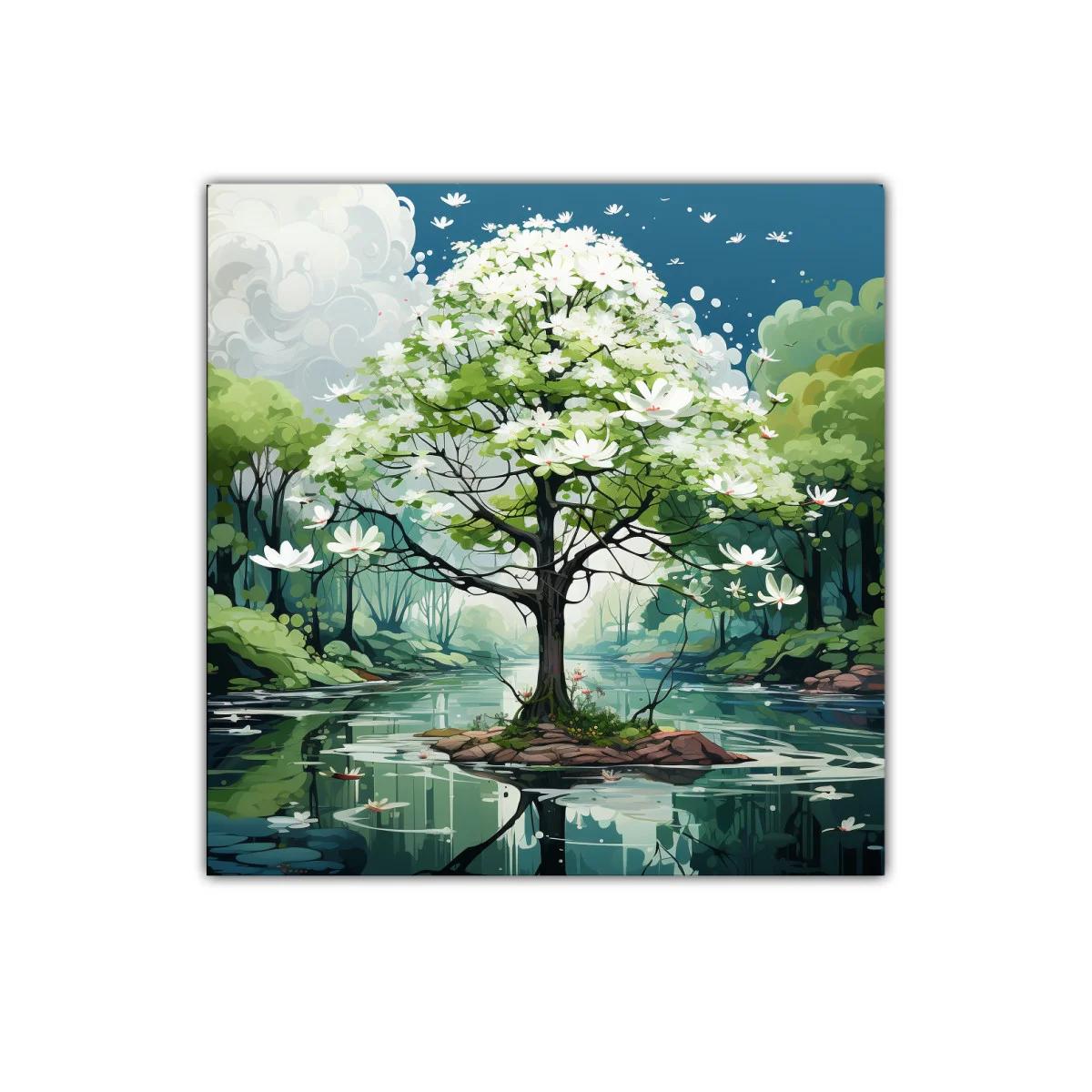 Árbol en flor sobre lago sereno con paisaje natural — imagen principal