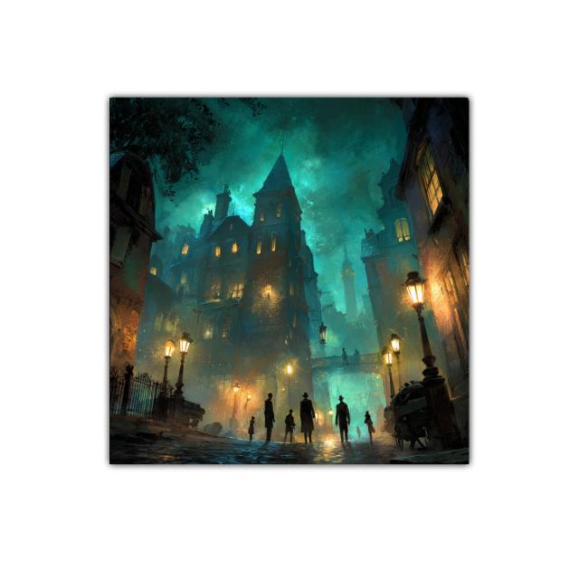 Ambiente nocturno con siluetas y luces cálidas en ciudad misteriosa