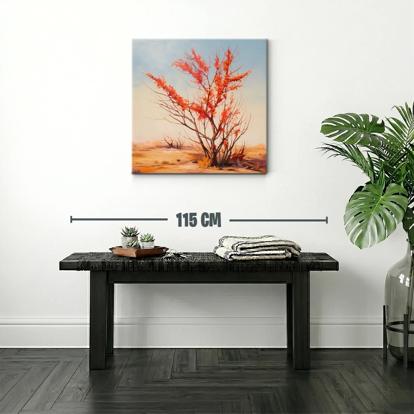 Árbol otoñal con hojas rojas sobre paisaje cálido — miniatura 2