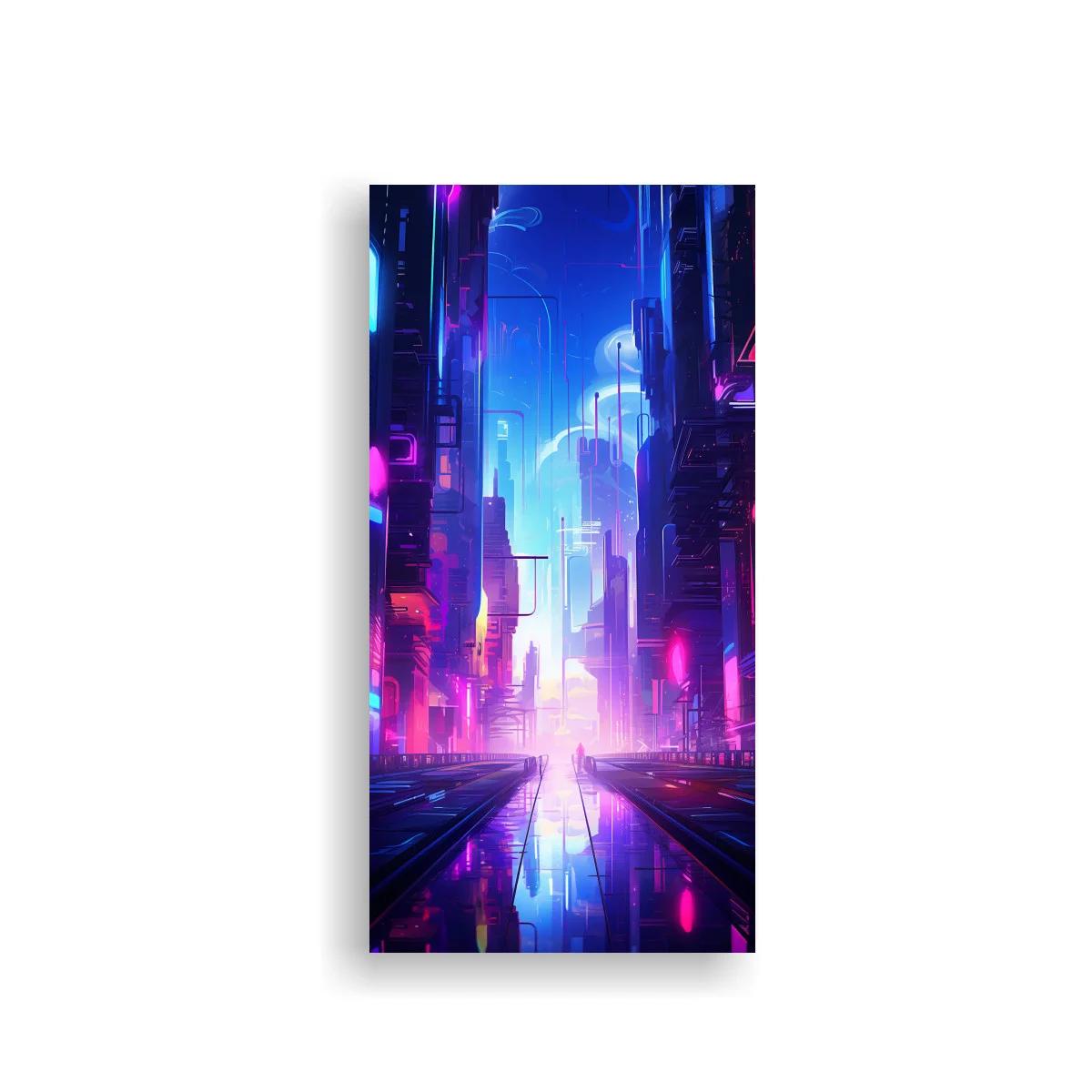 Cuadro calle urbana futurista neón con suelo reflectante