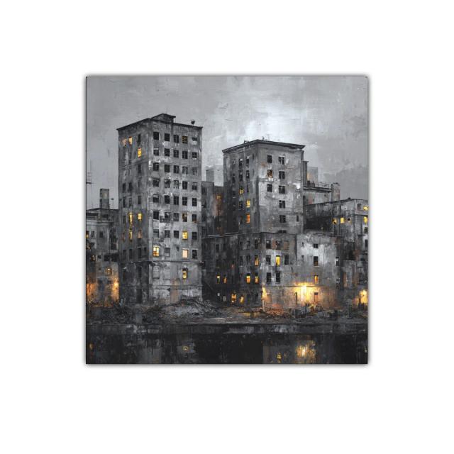 Paisaje urbano nocturno con arquitectura industrial y luces cálidas