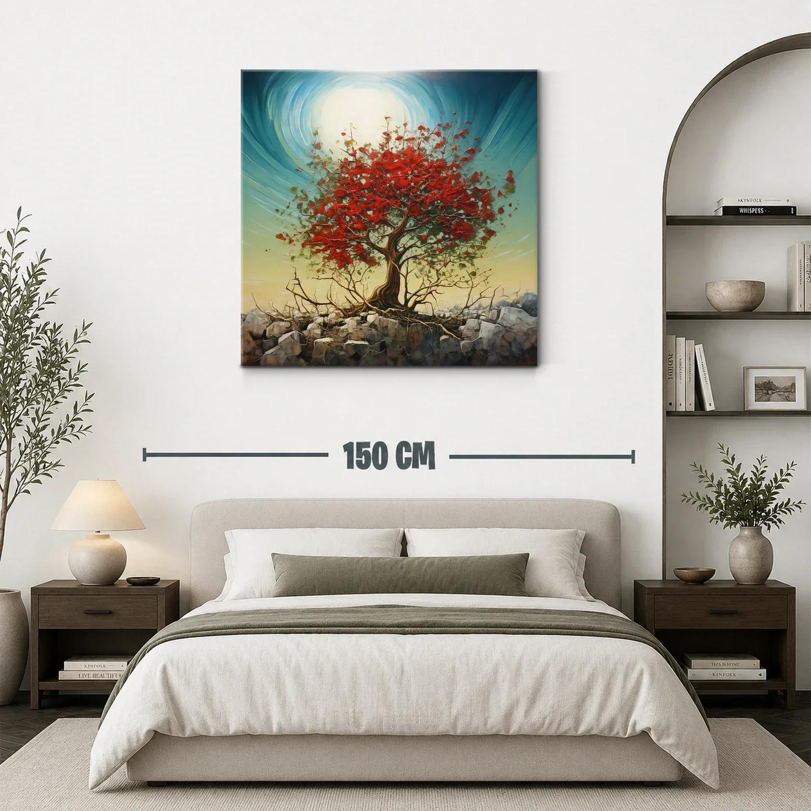Árbol rojo vibrante sobre rocas con cielo luminoso — miniatura 3