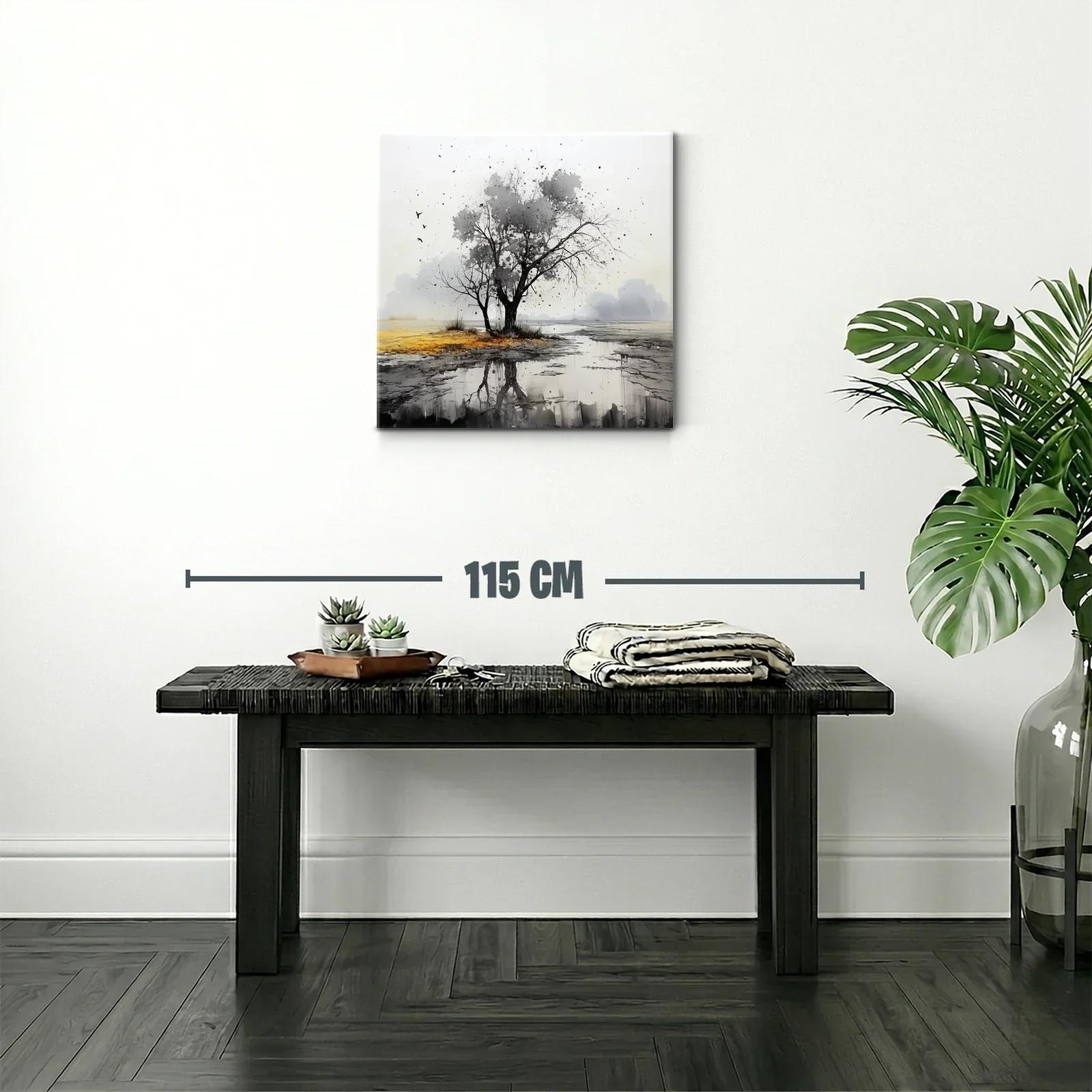 Paisaje sereno con árbol y reflejo en tonos neutros — miniatura 2