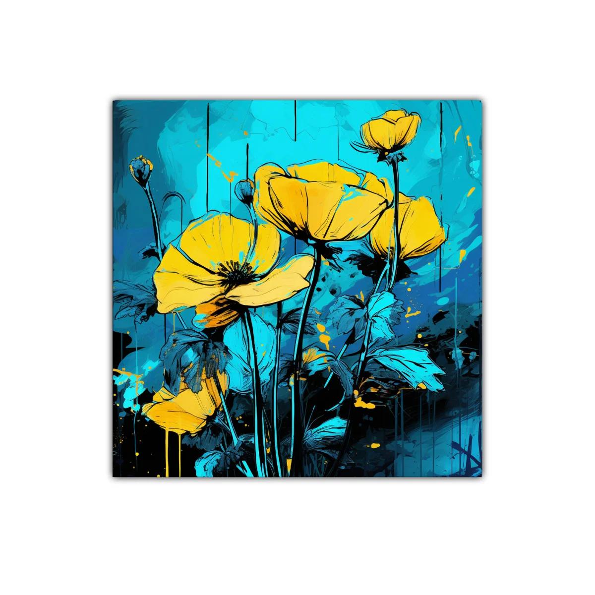 Cuadro floral con tonos vibrantes en azul y amarillo — imagen principal