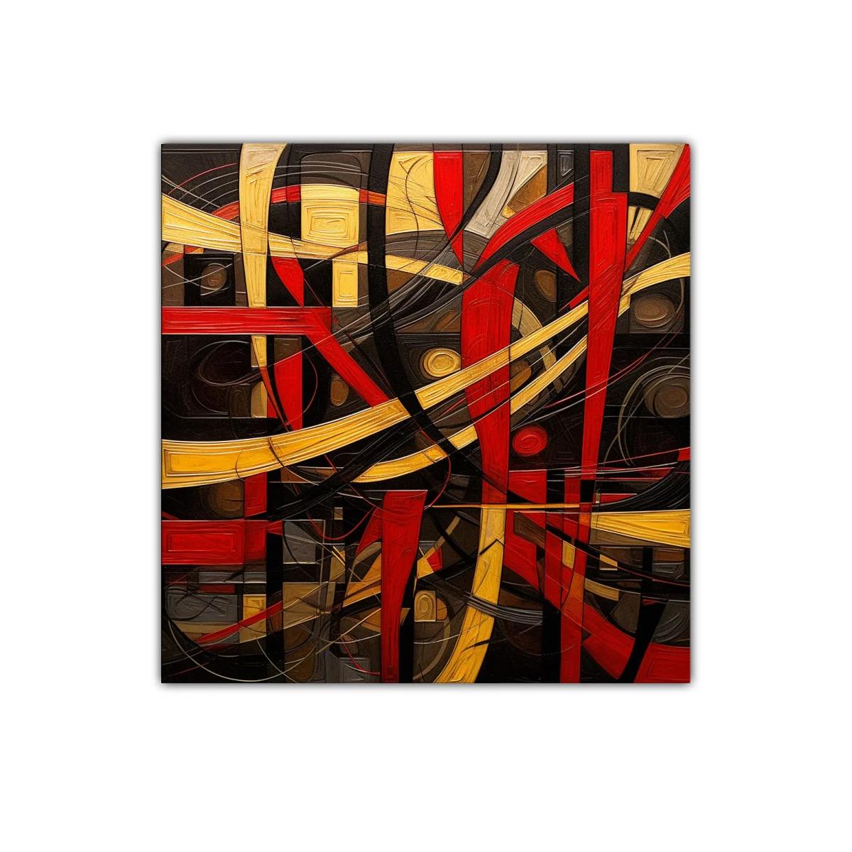 Composición abstracta con formas dinámicas rojas y doradas