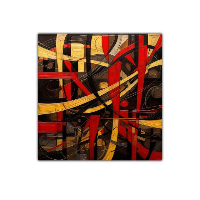 Composición abstracta con formas dinámicas rojas y doradas