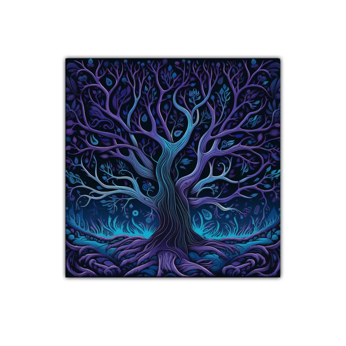 Árbol místico en tonos azules y violetas vibrantes